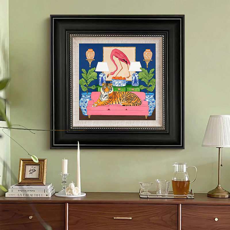 中国风青花瓷豹子挂画美式复古小众艺术客厅装饰画中古风壁画A201