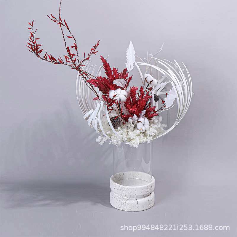 样板房轻奢洞石玻璃花器花瓶售楼处酒店红白色藤编花艺桌面摆件