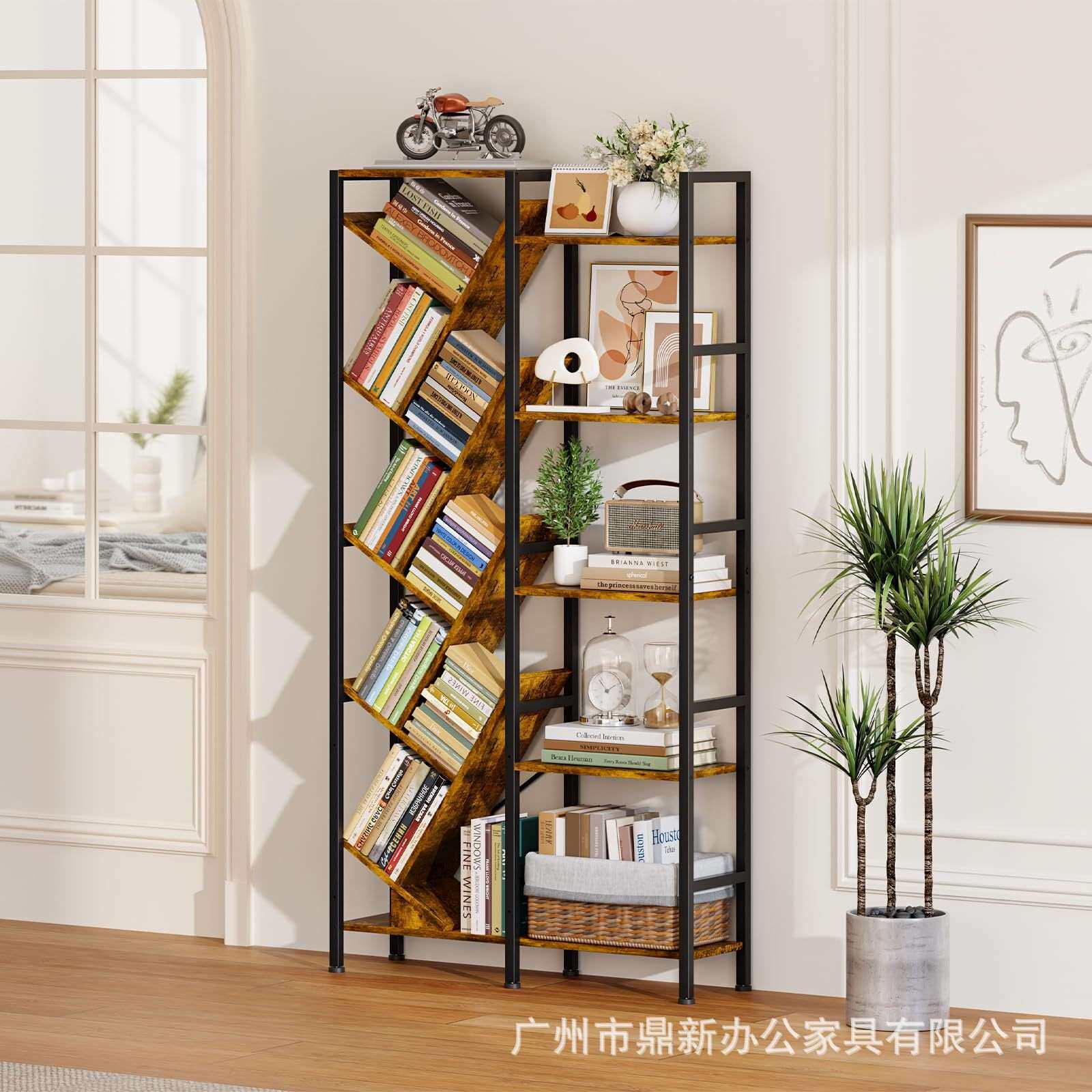跨境5层双宽书架工业风树形书架复古储物架带14个开放式隔层书柜