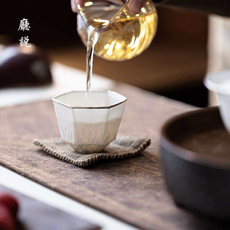厅说  六方锤纹银口白瓷茶杯新中式手工锤目纹茶具防烫耐热主人杯