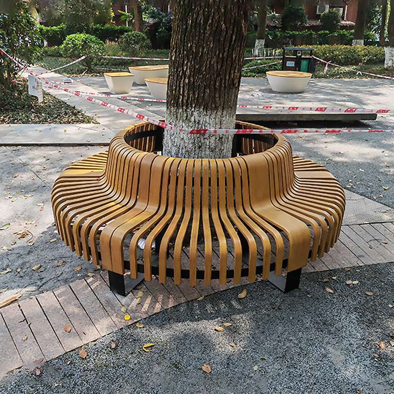不锈钢坐凳景观户外异形座椅金属铁艺木质休息椅弧形切片广场凳子