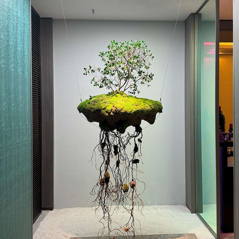 仿真绿植悬浮悬挂吊饰室内新中式橱窗茶室空间设计创意假树枯树