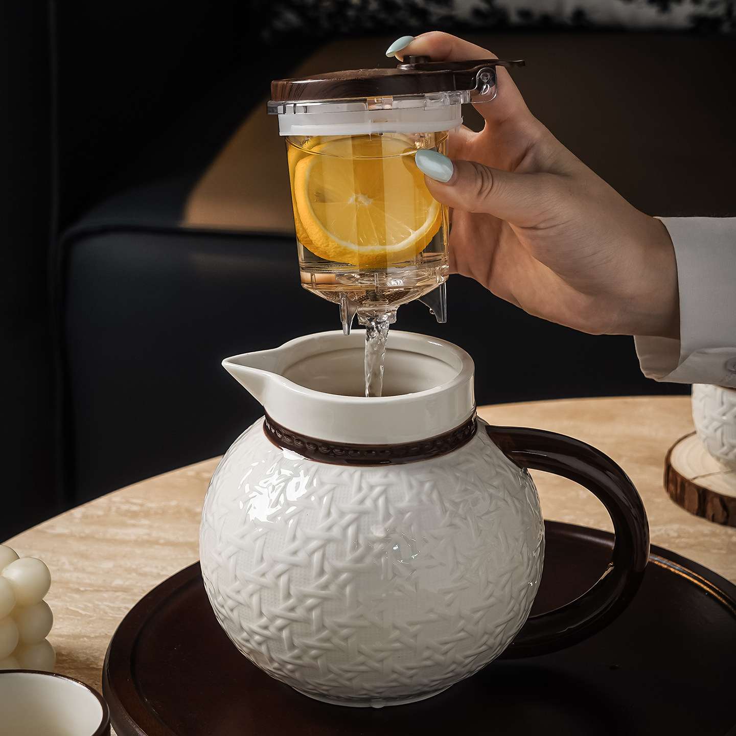 陶瓷茶具套装家用酒店民宿编织纹茶壶茶杯带木托盘带茶滤水具图片