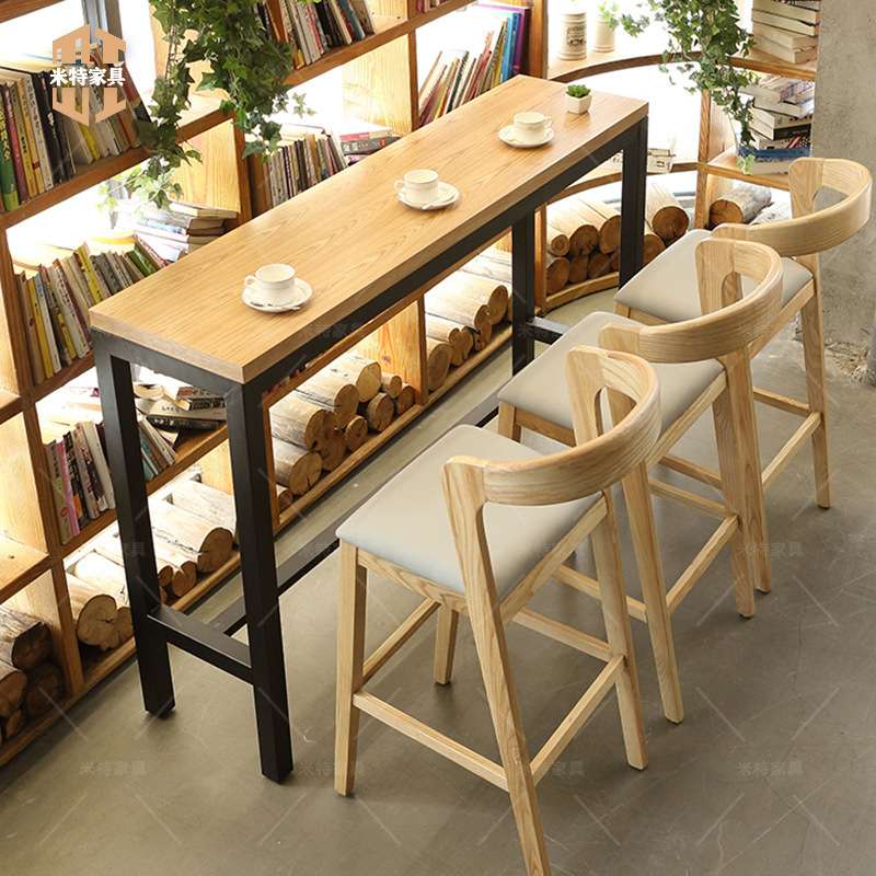 西餐厅咖啡厅奶茶店实木靠墙桌椅甜品店桌椅组合清吧酒吧高吧吧台