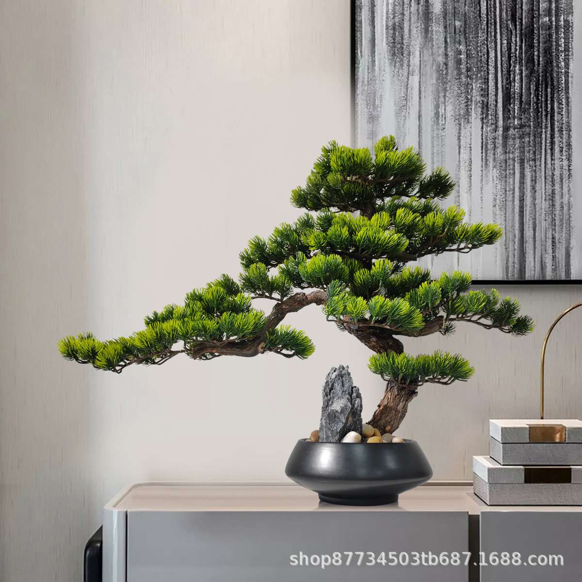 新中式禅意仿真迎客松玄关桌茶室造景装饰品日式绿植盆景茶桌摆件
