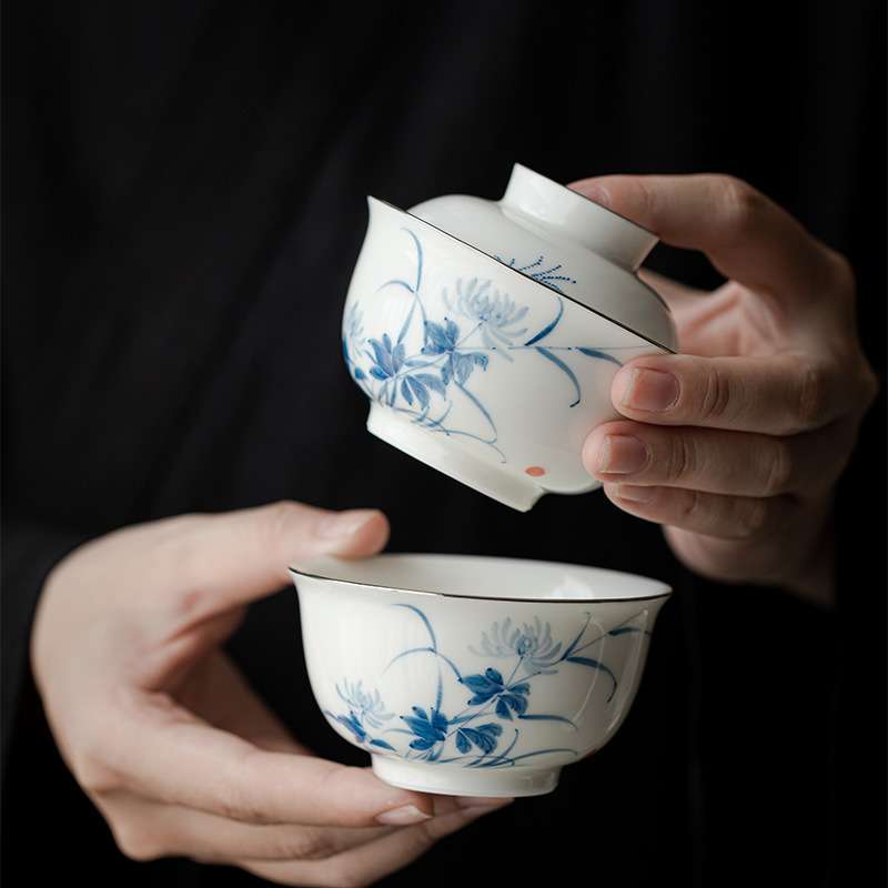 唐宋一人饮便携茶具 一盖碗一杯手绘青花镜囊快客杯 旅行茶具