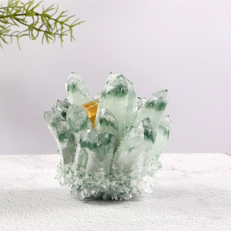 天然绿幽a灵水晶簇原石晶花摆件 能量石