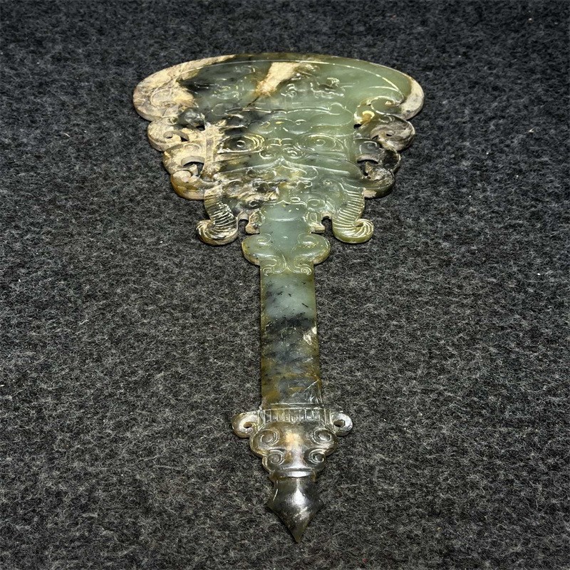 仿古做旧工艺j品岫玉雕刻双面工兽面玉斧玉璧玉器摆件