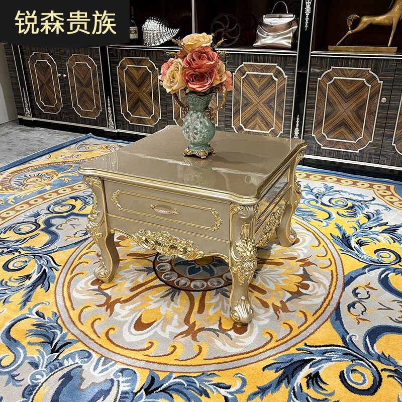 锐森贵族 法式实木小茶几 欧式雕花方形角几客厅带抽香槟色小茶几