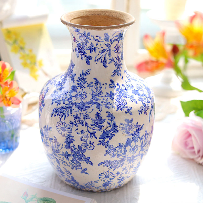 青花瓷陶瓷花瓶复古做旧花瓶冰裂纹水养鲜花插花客厅桌面装饰代发