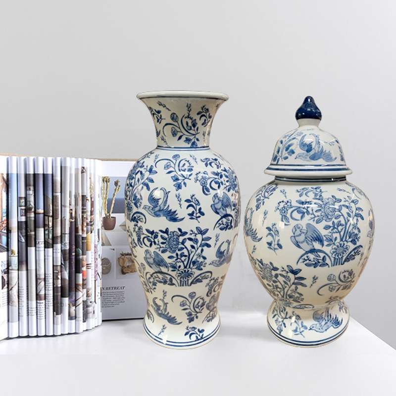 青花瓷花瓶插花陶罐带盖客厅中式仿古花瓶玄关装饰陶瓷摆件储物罐