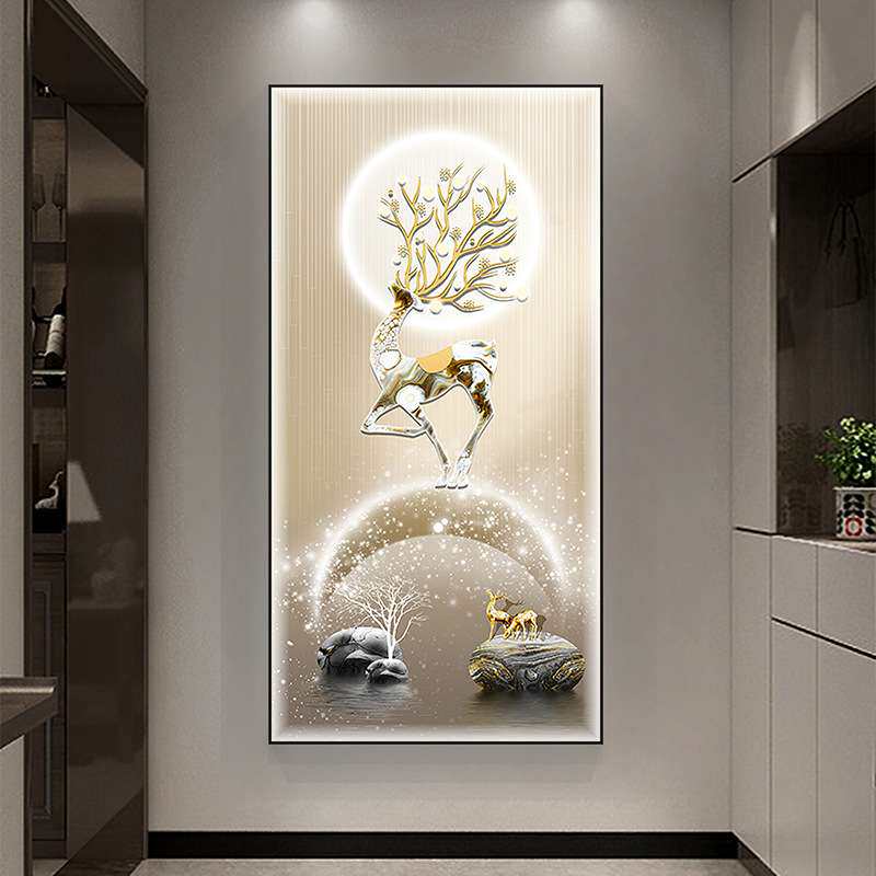 轻奢入户门玄关装饰画竖版走廊LED灯画现代简约大气福鹿过道壁画