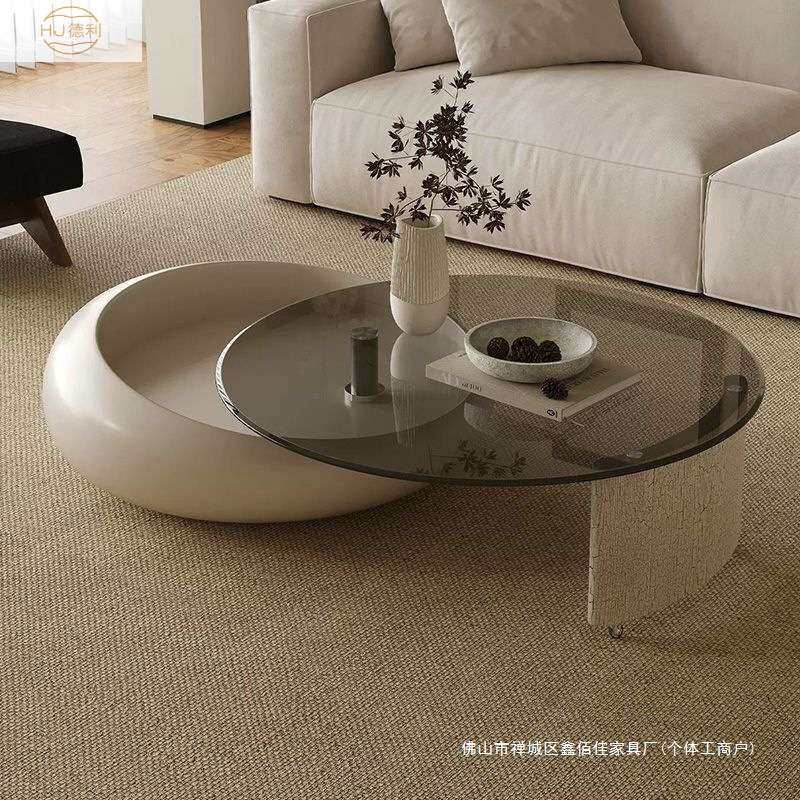 圆形奶油风茶几可旋转客厅家用小户型轻奢高级意式钢化玻璃茶几