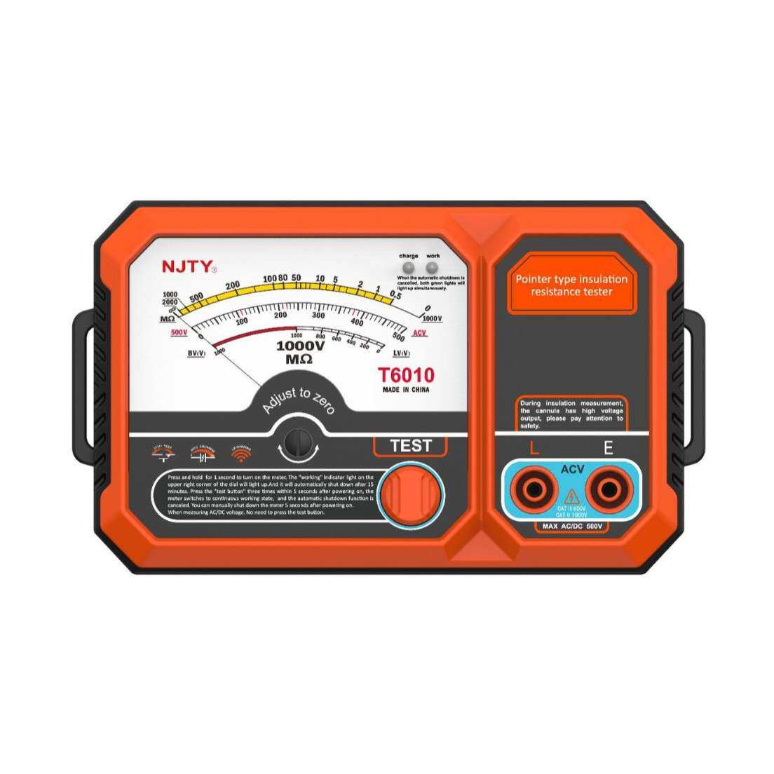 指针兆欧表T6010测量1000V电压18650电池2000MΩAC500V外贸版NJTY