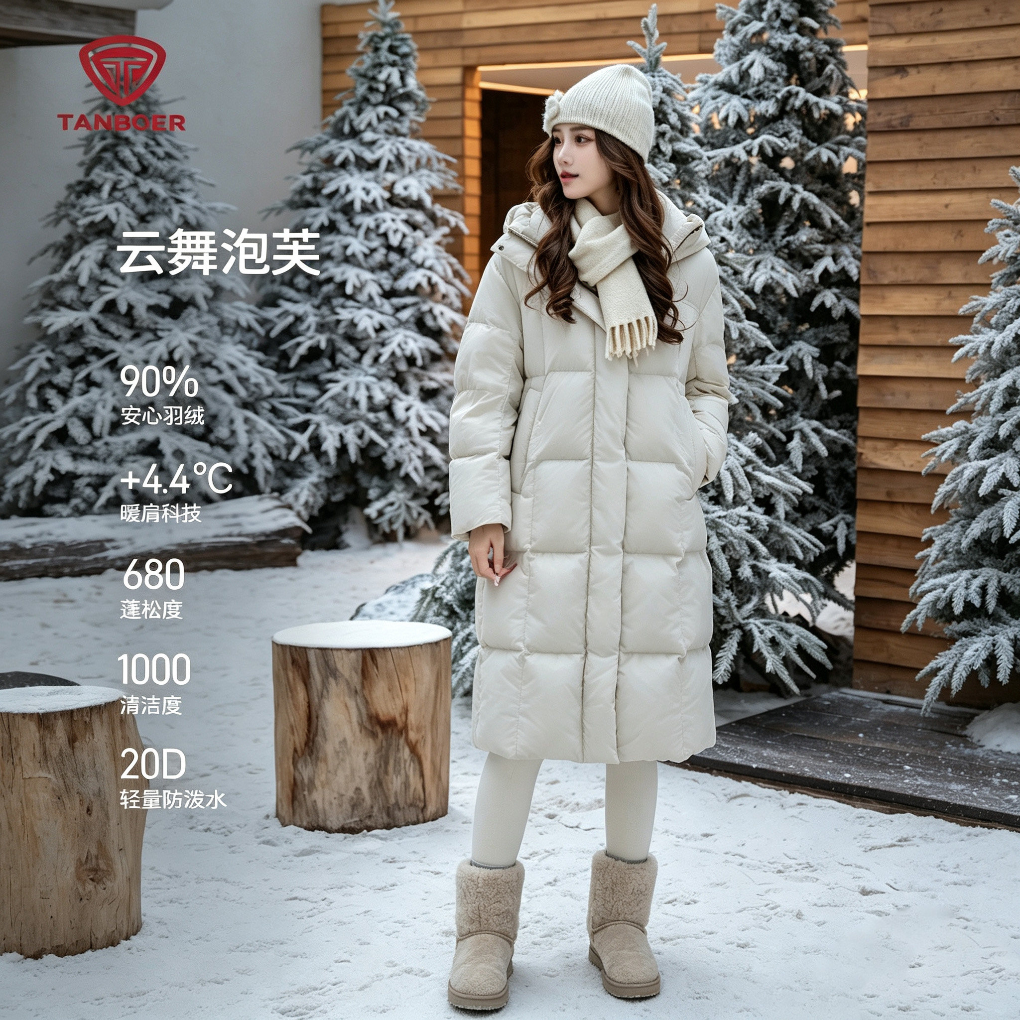坦博尔女过膝加厚连帽羽绒服
