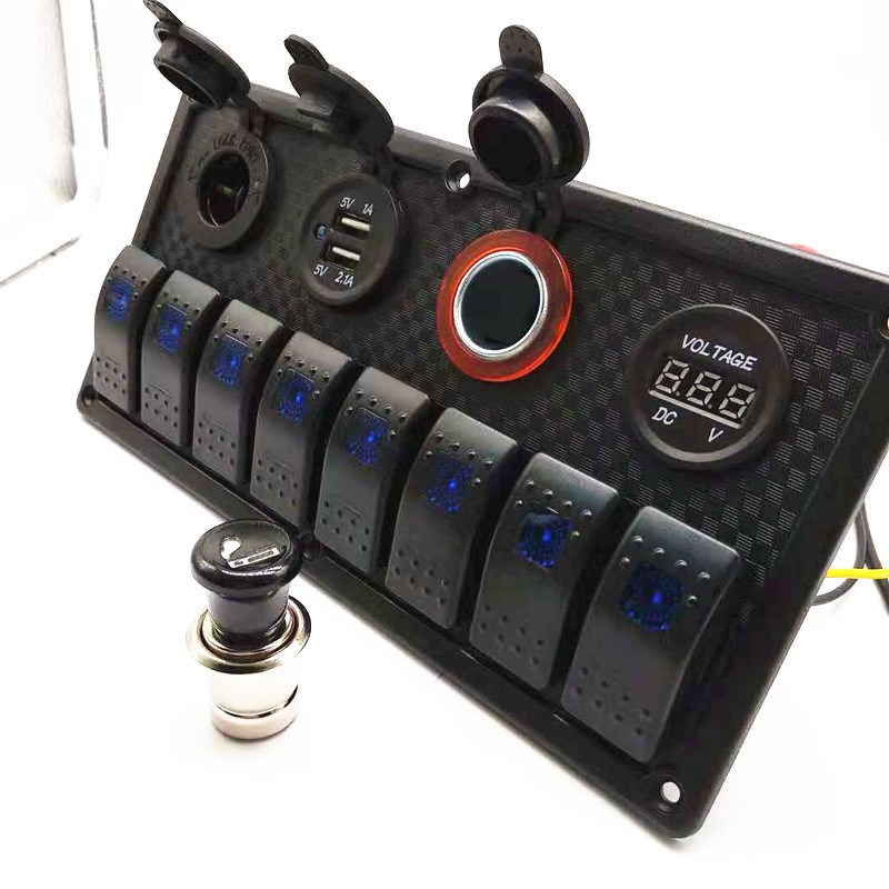 车载5PIN绿h灯8位船形面板开关点烟器母座双USB充电座汽车船艇通