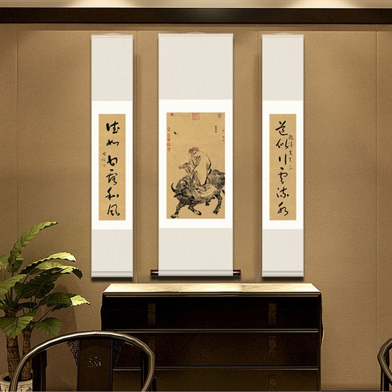 孔子画像老子骑牛图供奉学堂书C房客厅卷轴挂画竖版喷绘复古