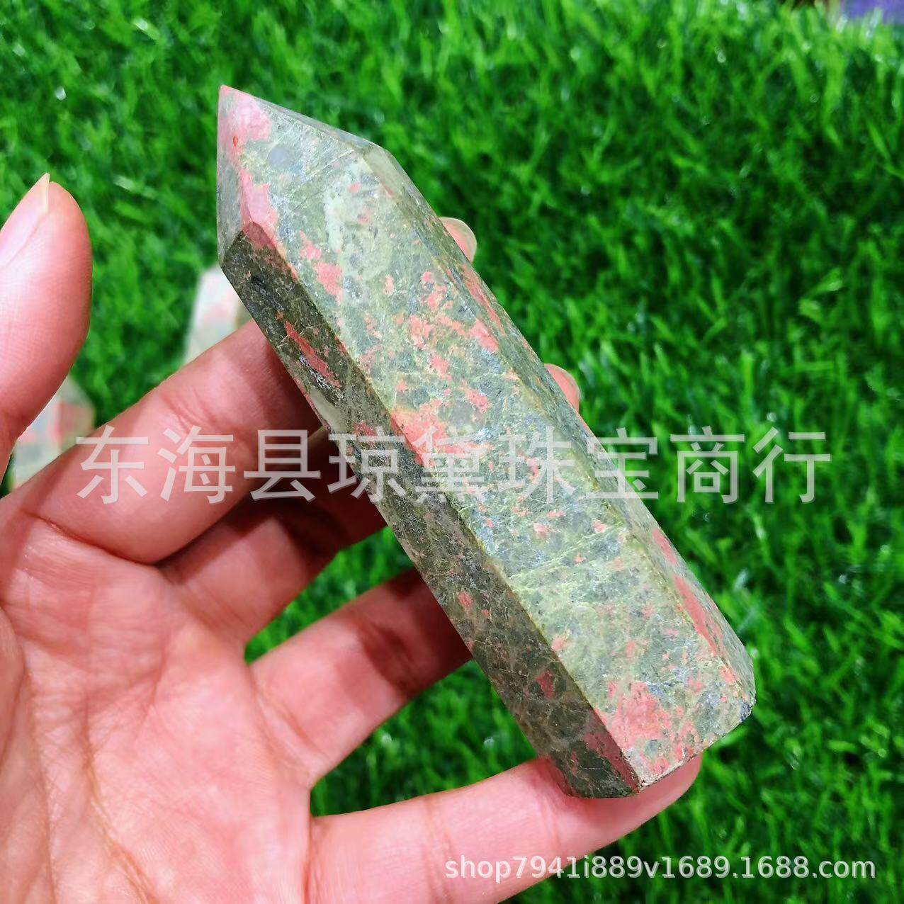 天然大量批发原石打磨天然花绿宝柱子风水摆件家居风水饰品