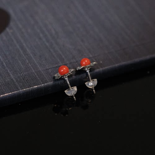 海红宝天然珊瑚 多样性 沙丁珊瑚 红珊瑚圆珠耳针 约4mm