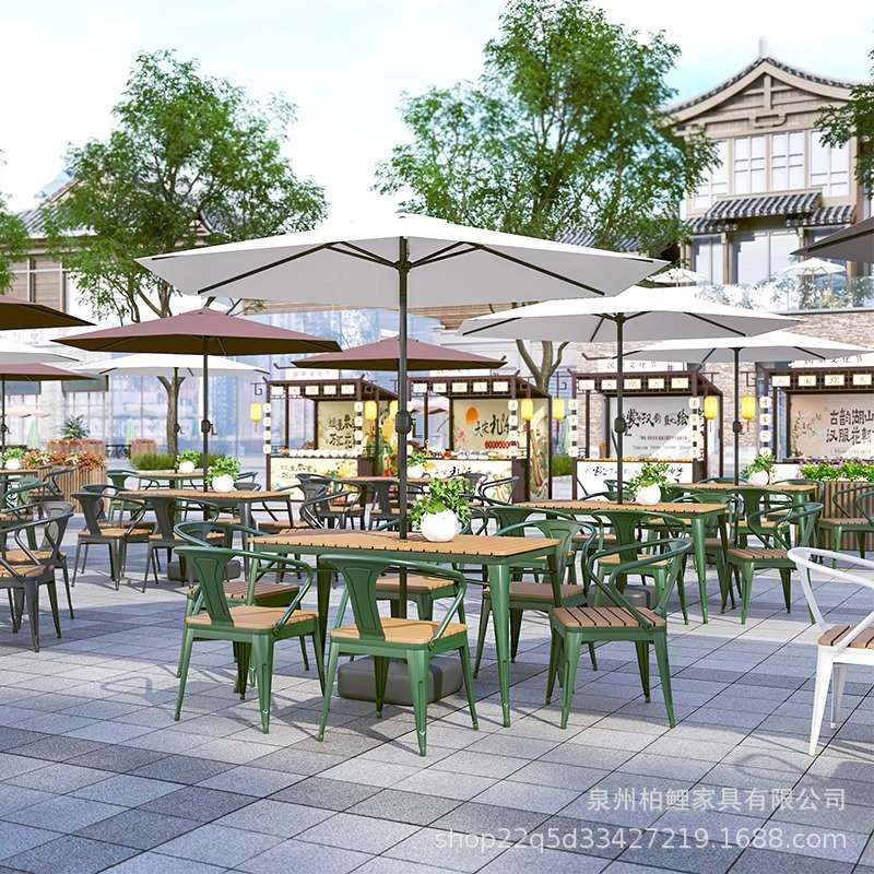 庭外铁艺桌椅带伞组合防腐塑木休闲餐桌椅靠背套装商业街外摆桌椅