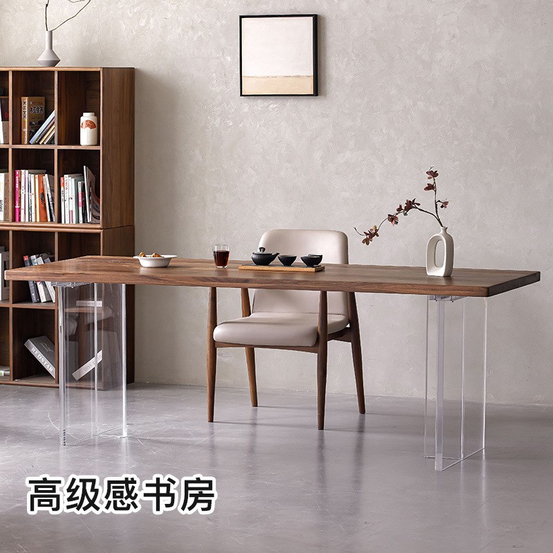 北欧简约亚克力悬浮餐桌家用长方形纯实木大板书桌小Z户型工作台