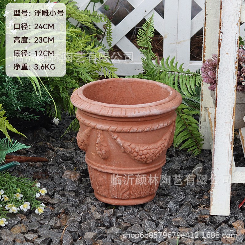 外贸高浮雕盆桶盆红陶盆高盆田园大口盆陶盆Q罗马盆粗陶透气红泥