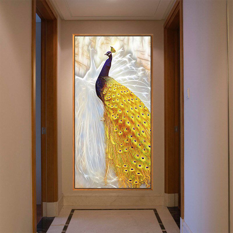 新中式金色孔雀玄关画入户走廊客厅挂画竖版吉祥鸟油画装饰画壁画