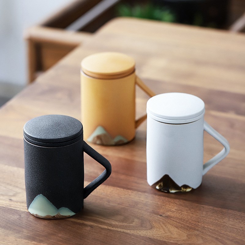 粗陶釉画a远山陶瓷马克杯精致泡茶杯带盖茶水分离办公个人杯子送