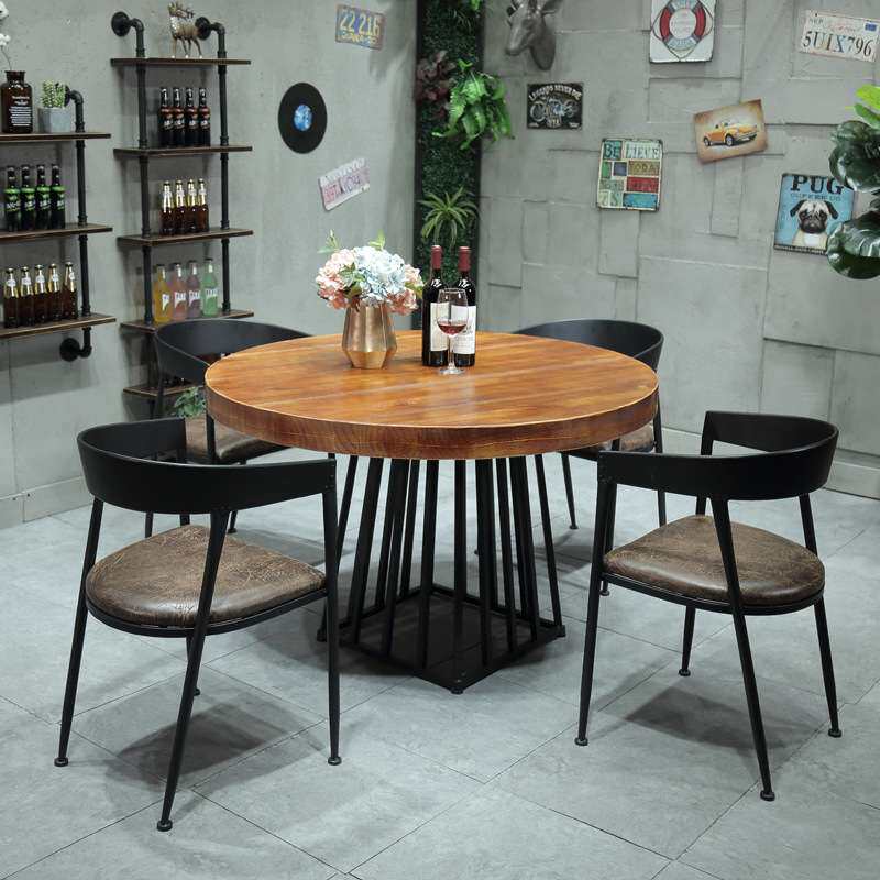 美式LOFT家用带转盘吃饭桌 酒店民宿实木圆形餐桌 餐厅多人餐桌椅