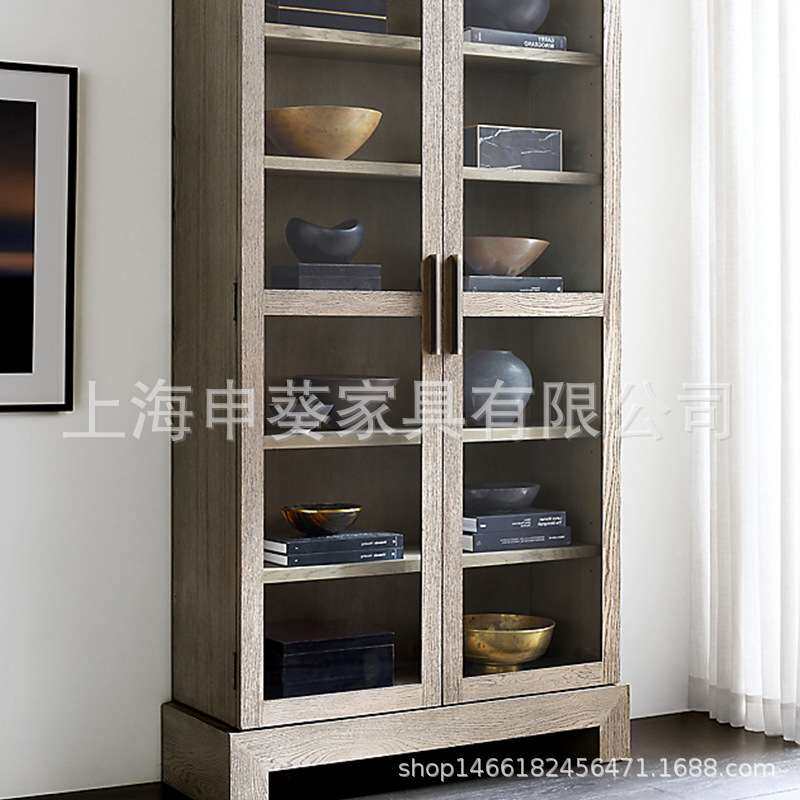 美式乡村实木办公书柜法式别墅客厅复古储物柜餐边柜橡木做旧书柜