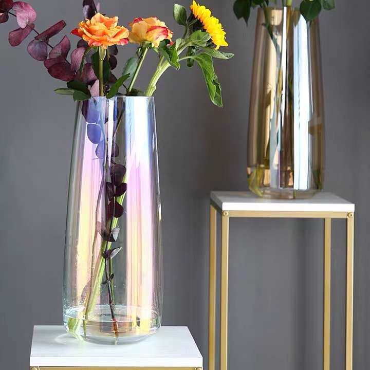 简约彩色玻璃花瓶透明百合花器客厅花盆大号水养插花摆件七彩玻璃