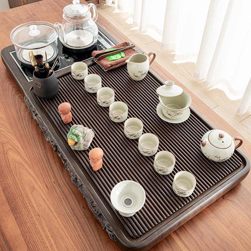 茶具装套家用整套功夫竹木边电雕双龙仿加厚茶盘烧边雕双龙水壶茶