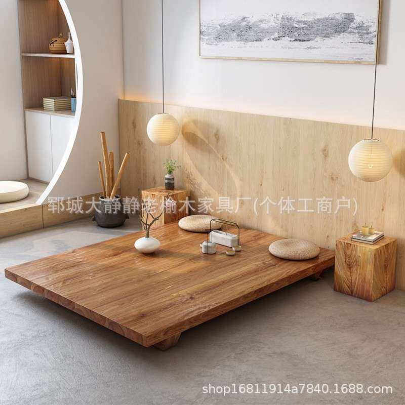 复古老榆木床板民宿客厅原木阳台榻榻米新中式落地床无床头床板