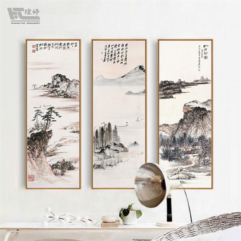 新中式四联装饰画水墨山水画走廊过道玄关画家居酒店壁画工厂
