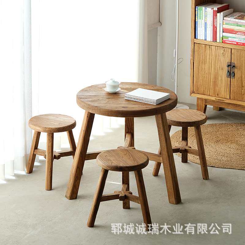 老榆木板凳阳台学生写字桌圆形实木桌子矮款小圆凳风化纹理小凳子
