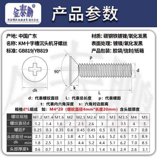 KM铁镀镍加硬十字沉头螺丝平头小机螺钉M1M1.2M1.4M2M2.5M3M4mm