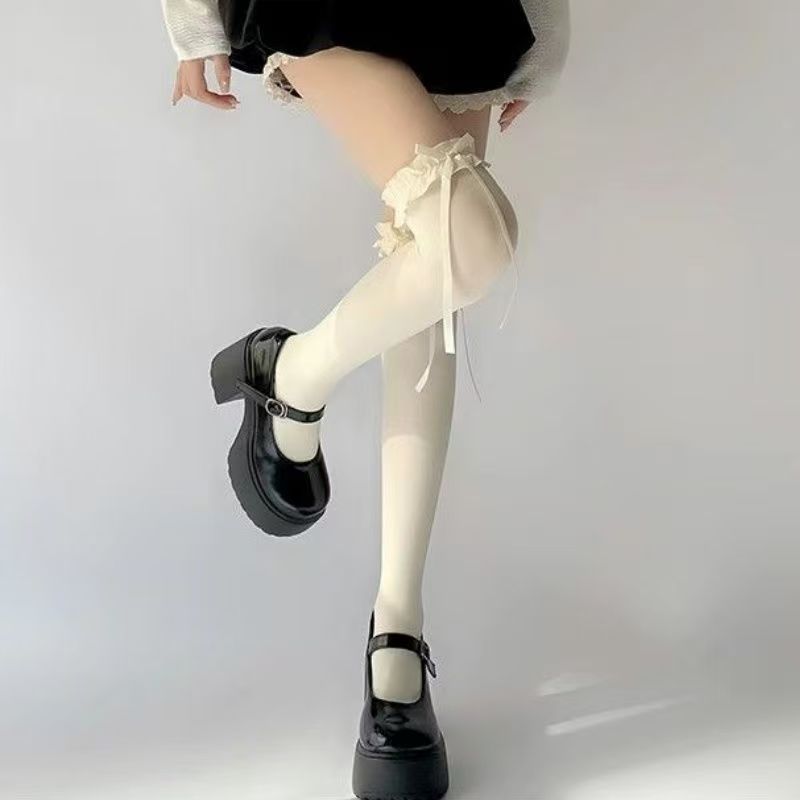 花边奶白色丝性感黑丝蝴蝶结过膝