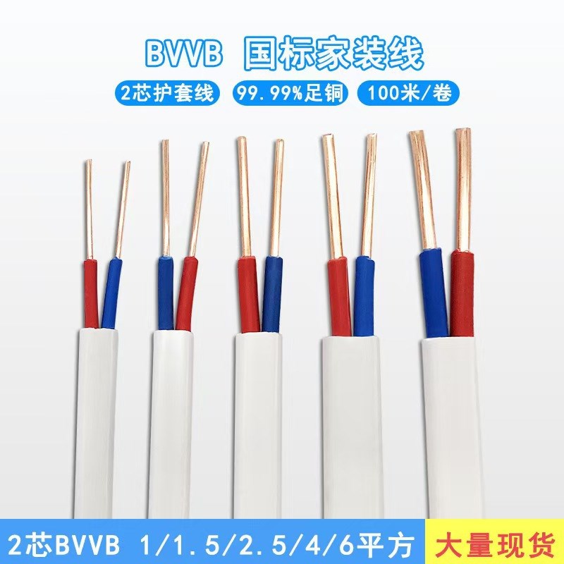 BVVB铜芯护套线国标2芯1.5/2.5/4平方家用单股硬芯RVVB软心白色扁