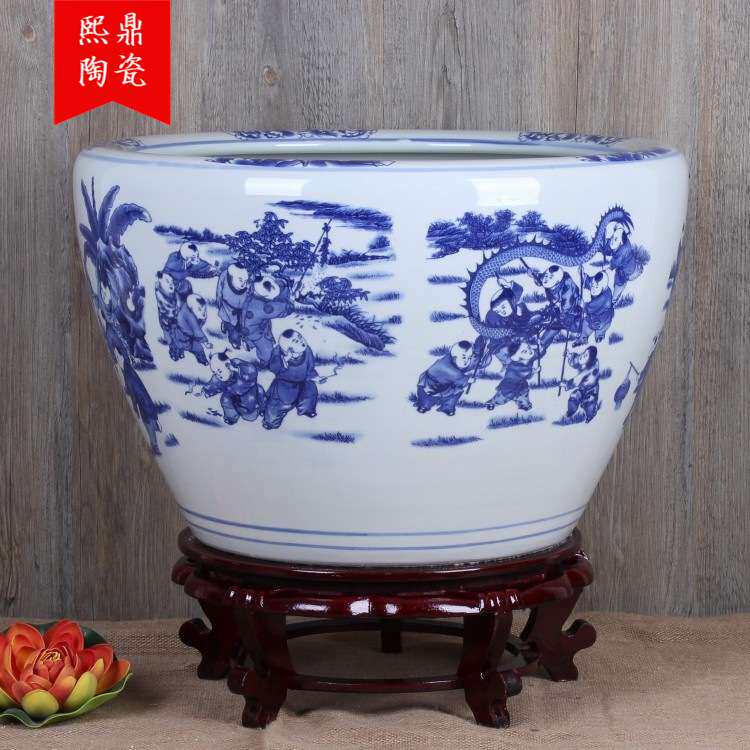 景德镇陶瓷鱼缸 青花百子图陶瓷金鱼缸 风水缸 家居客厅装饰
