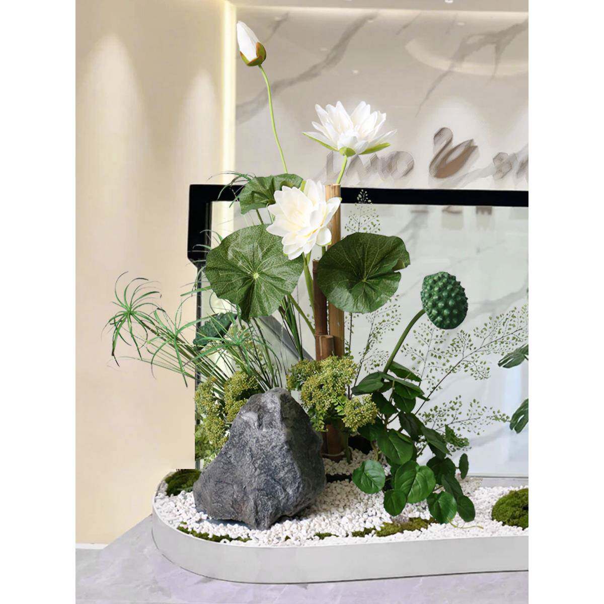 仿真荷花植物造景酒店餐厅禅意绿植摆件花艺小景竹子莲蓬落地景观