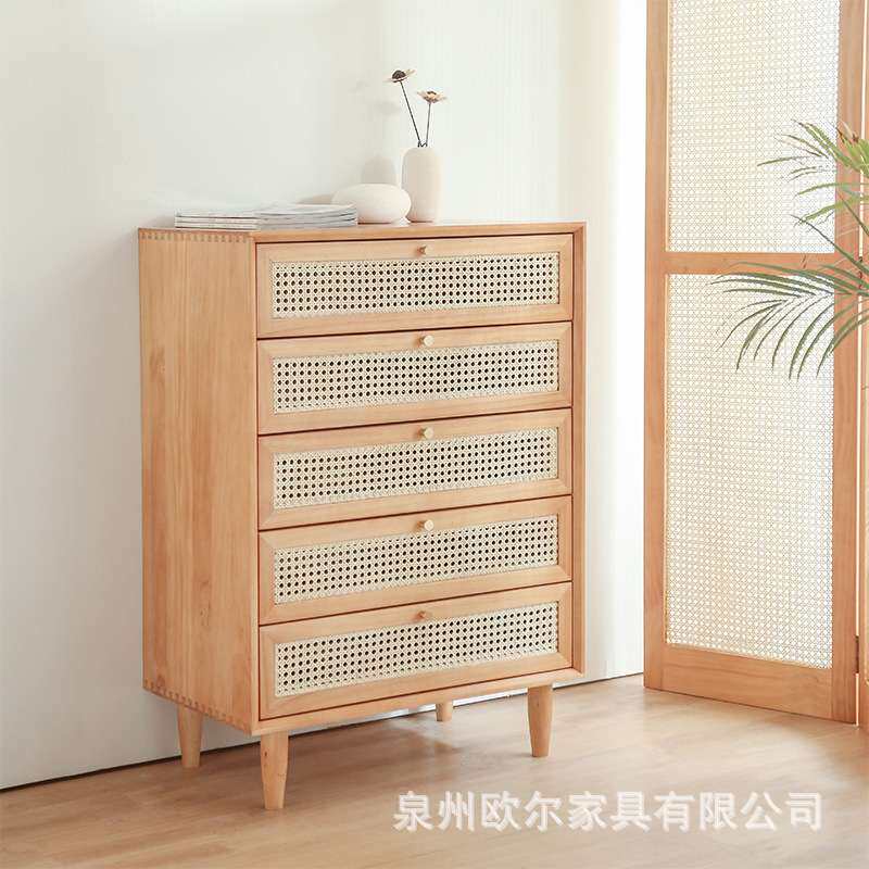 北欧实木五斗柜简约家用客厅藤编抽屉收纳柜小户型民宿卧室玄关柜