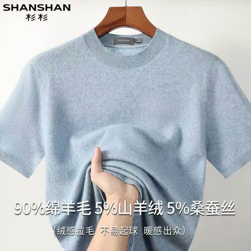 杉杉拉毛男式秋冬蚕丝绵羊毛商务休闲绒感时尚百搭针织衫圆领短袖