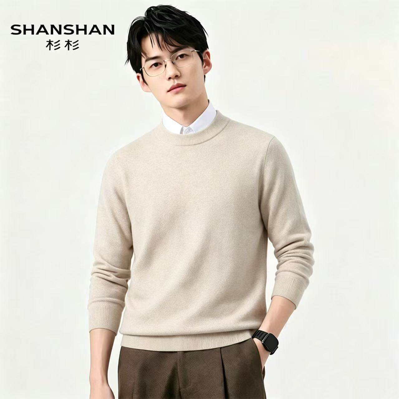 Shanshan/杉杉冬季圆领加厚简约绒感套头圆领套头保暖男式羊绒衫