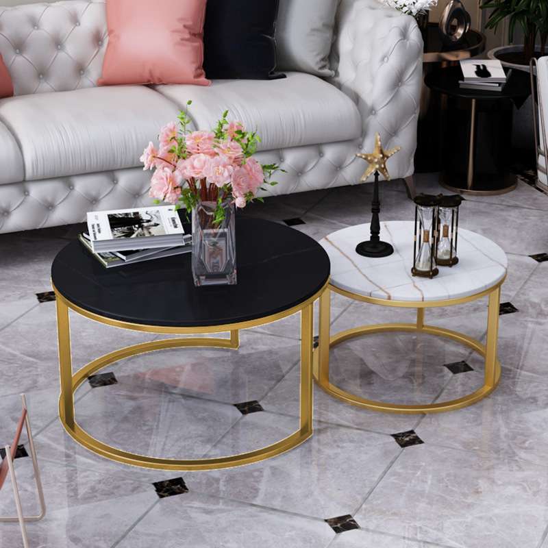 现代简约带抽屉圆形大理石茶几 家用客厅子母茶几 办公室茶几