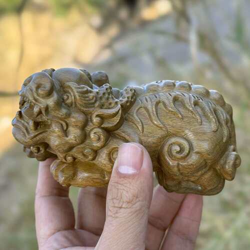 绿檀木雕大貔貅摆件办公桌文玩木作摆饰手把件瑞兽雕刻工艺品装饰