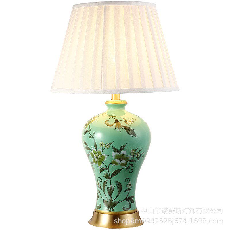 工厂直批全铜绿色花草陶瓷台灯客厅书房卧室床头灯样板房装饰台灯