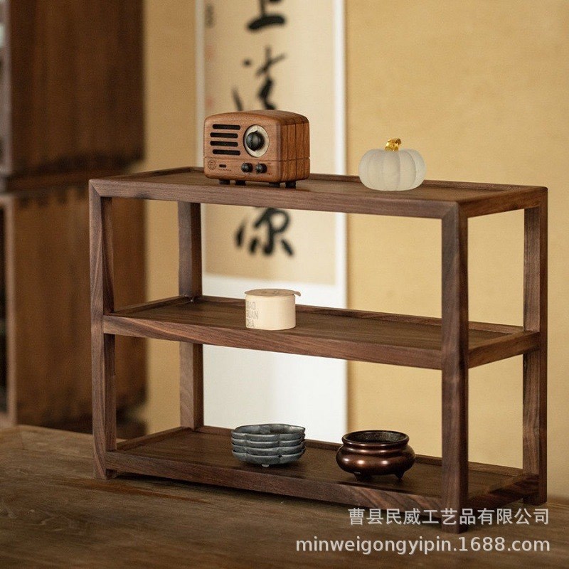 黑胡桃木茶杯茶具木架陈列桌面收纳展示架三层桌面木质置物架木架