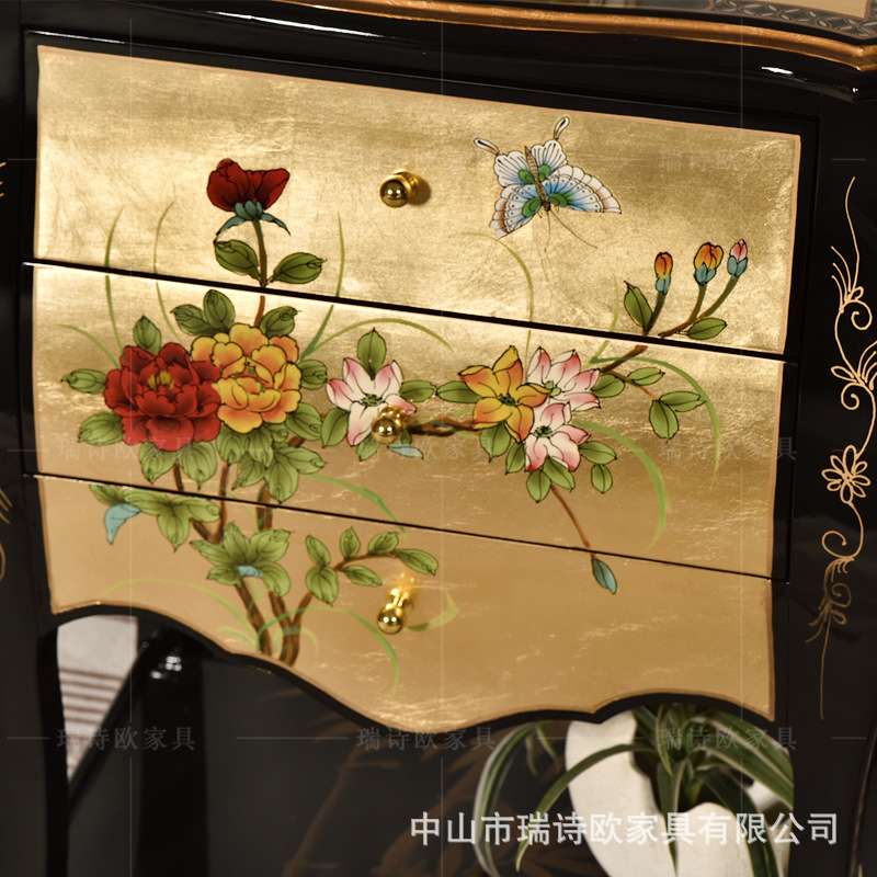 新中式古典三斗柜小户型客厅沙发边几多层储物角几金箔彩绘边柜子