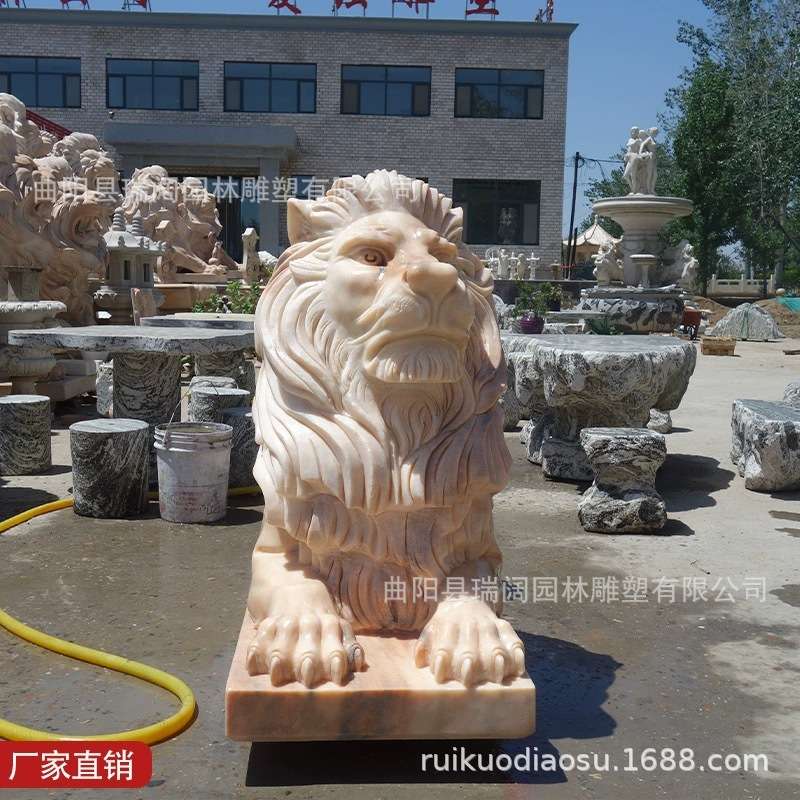 石雕狮子大理石欧式石狮子一对蹲式狮子汉白玉爬狮雕塑门口摆件