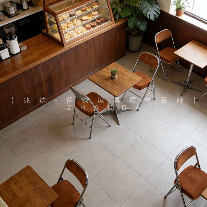 海外咖啡店餐桌椅子胡桃色桌子简约烘焙店蛋糕店桌子中古风折叠椅